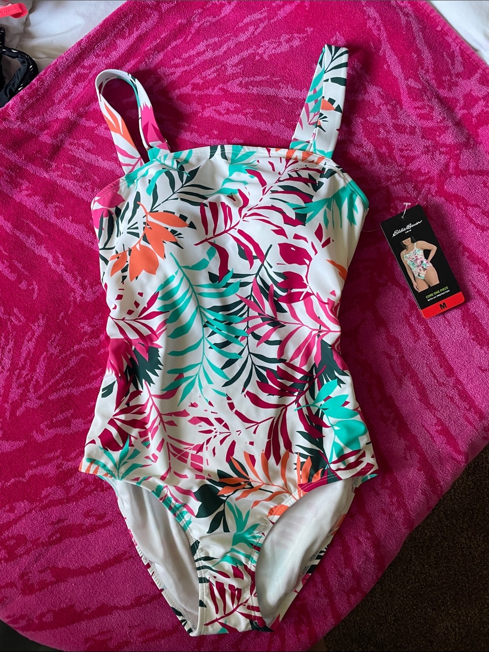 Eddie Bauer White One-Piece Swimsuit with Pink, Teal & Orange Leaf Print